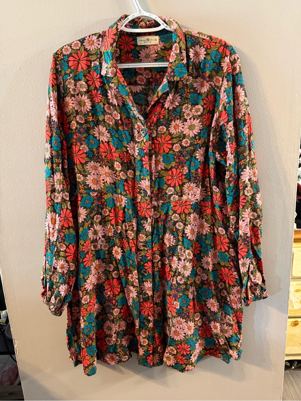 NATURAL LIFE Womens Button Down Colorful Floral Silky Tunic Boho S26 XL - Picture 2 of 12